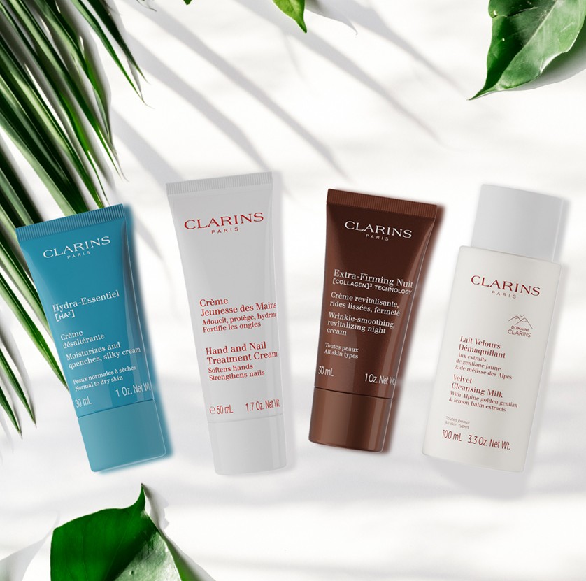 Receive 3 deluxe-sized essentials when you purchase two or more Clarins products, one to be a moisturiser or serum.*