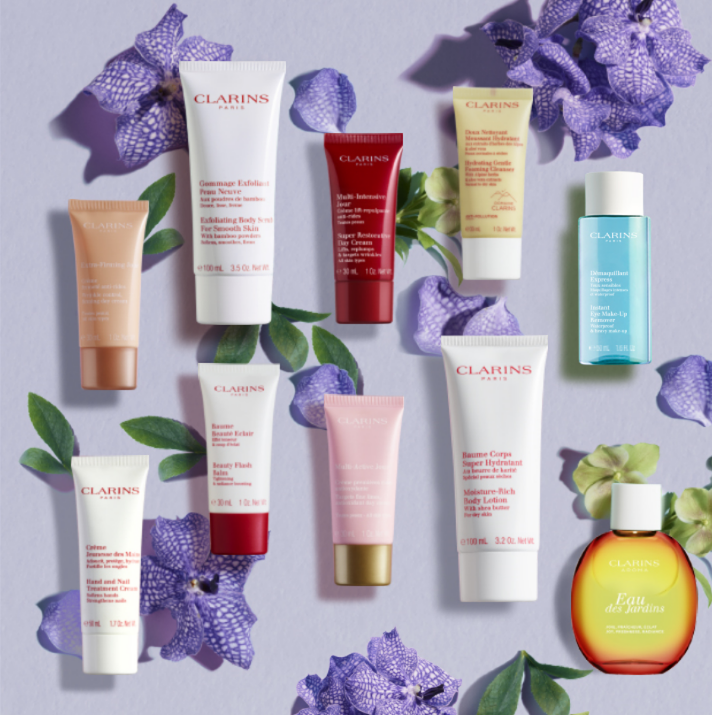 Your choice of 3 deluxe sized Clarins essentials when you buy two Clarins products, one to be a moisturiser or serum.